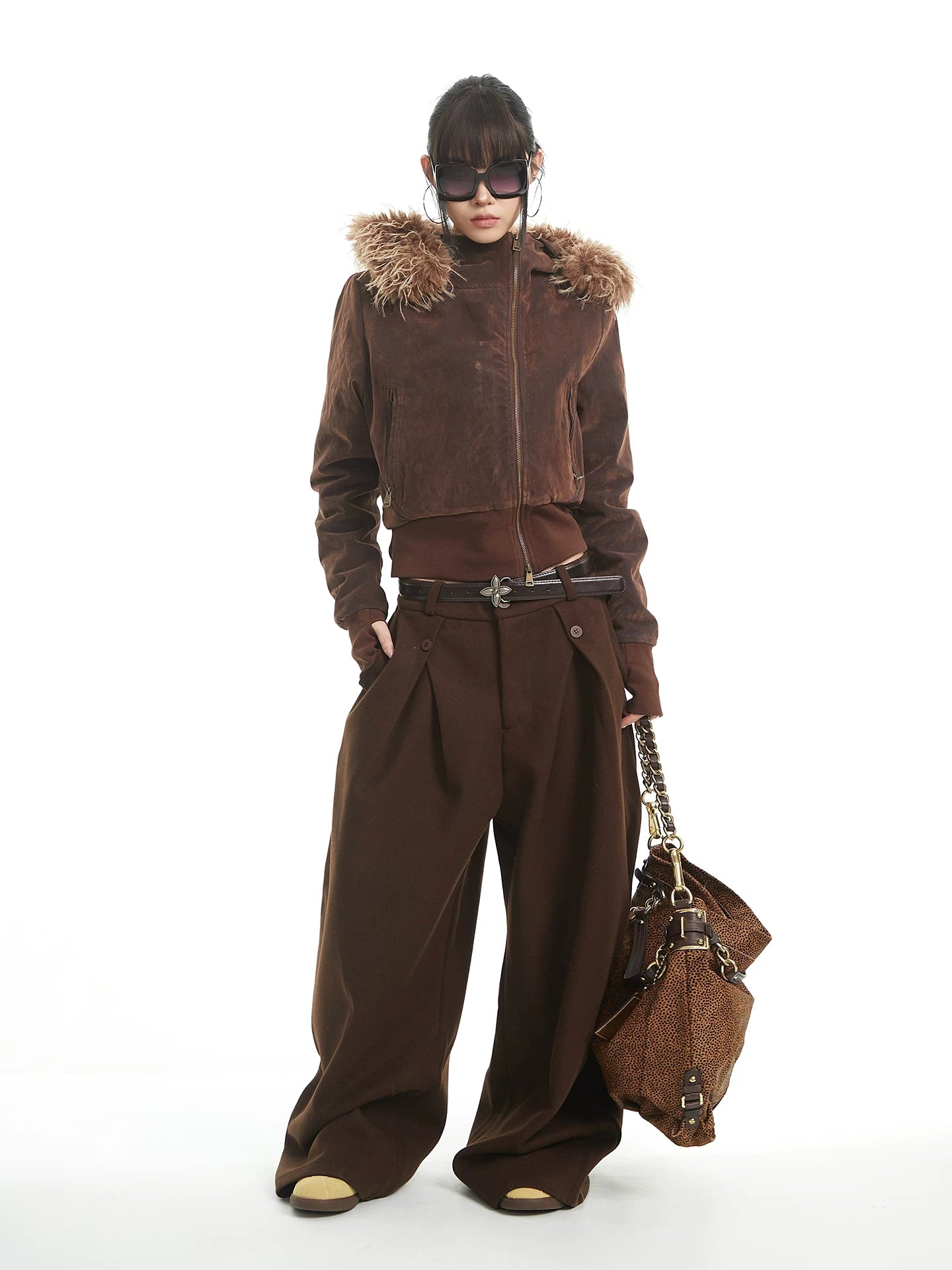 UNCMHISEX Big Fur Collar Hooded Padded Short Jacket