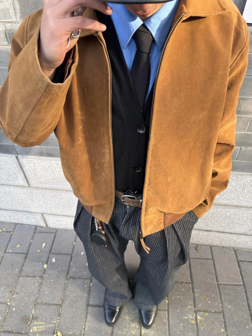 AMBSOM Velvet Suede Lapel Stand-Up Shoulder Jacket