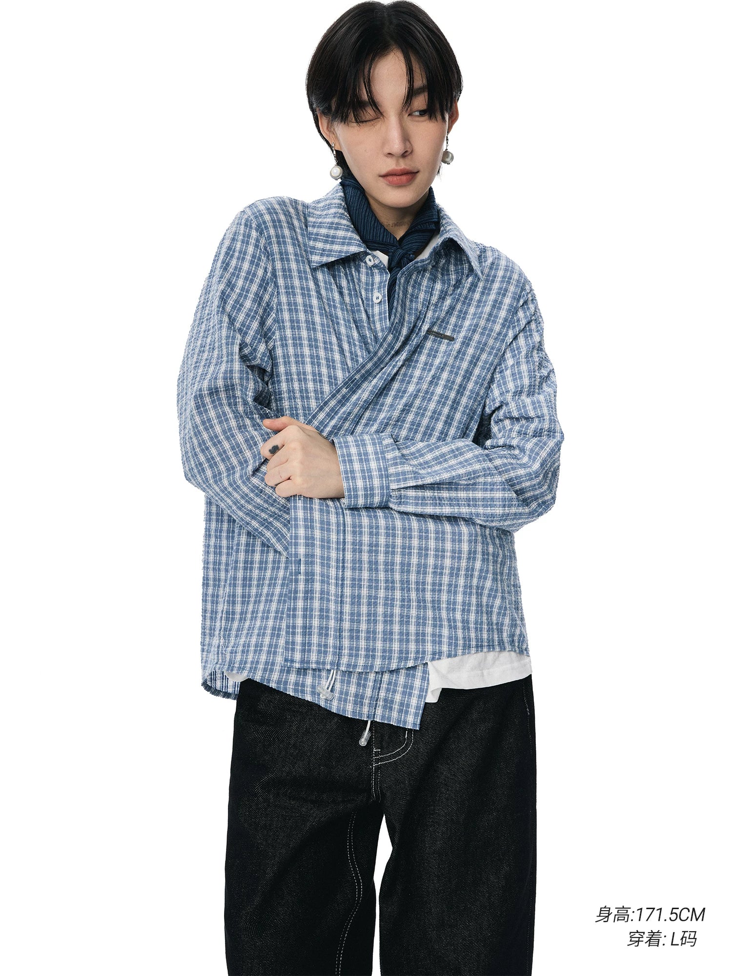 Sameuoo Drawstring Checked Long Sleeve Shirt