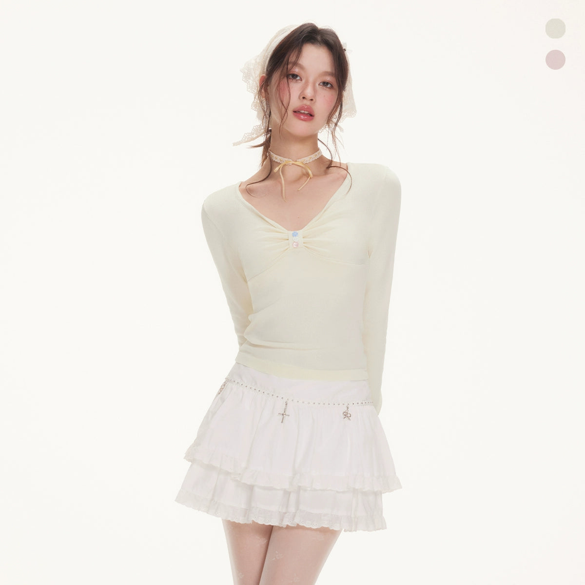IMONE Pleated V-neck Long-sleeved Knitted Sweater