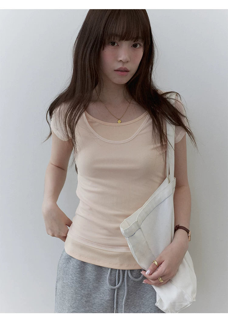 VOOE Fake Two-piece Splicing Mesh Slim Tee