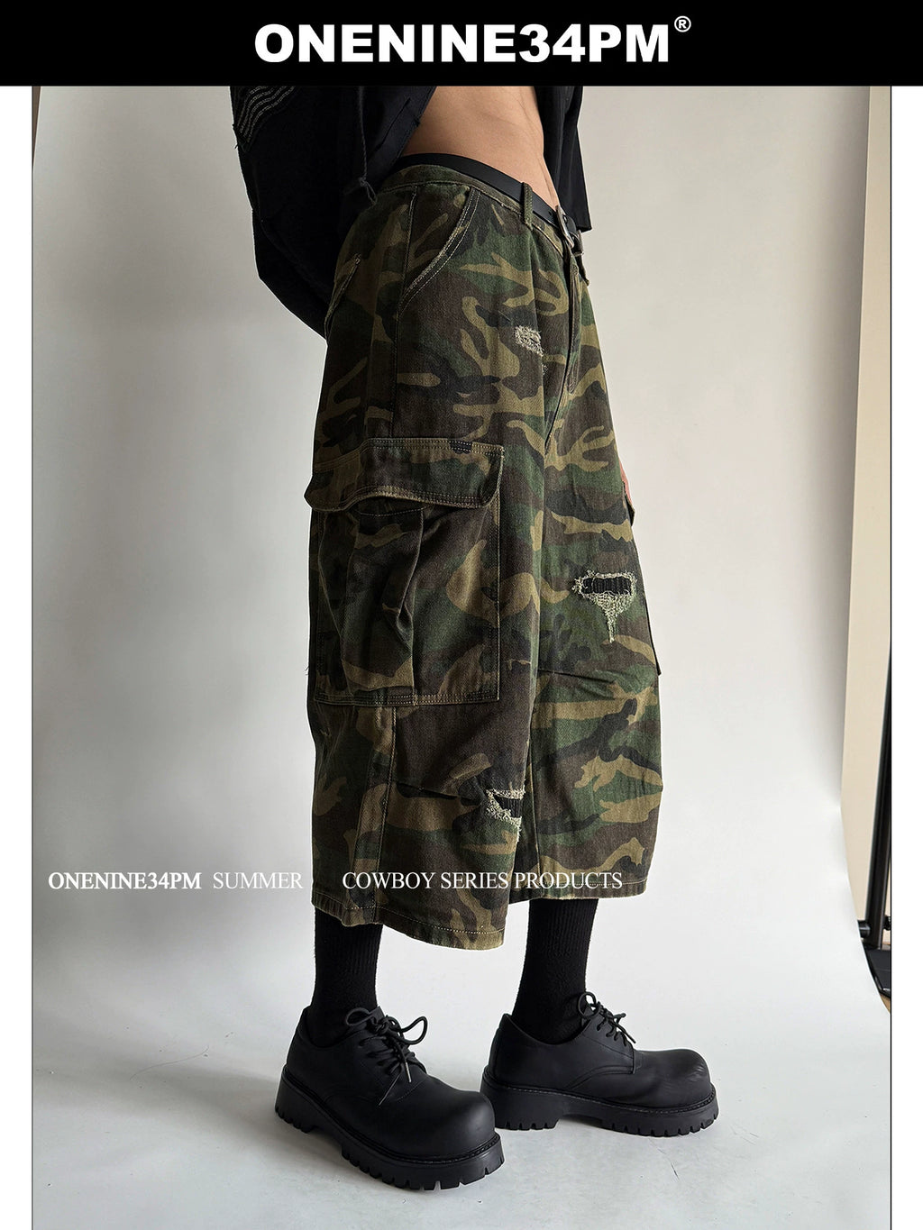 ONENINE34PM Retro Ripped Seven-point Camouflage Overalls