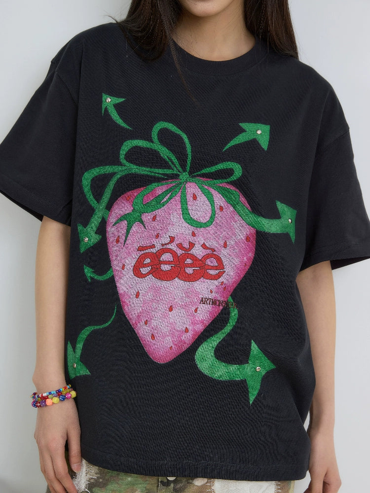 EeeeArtmonster Hand Painted Strawberry Rivet Tee