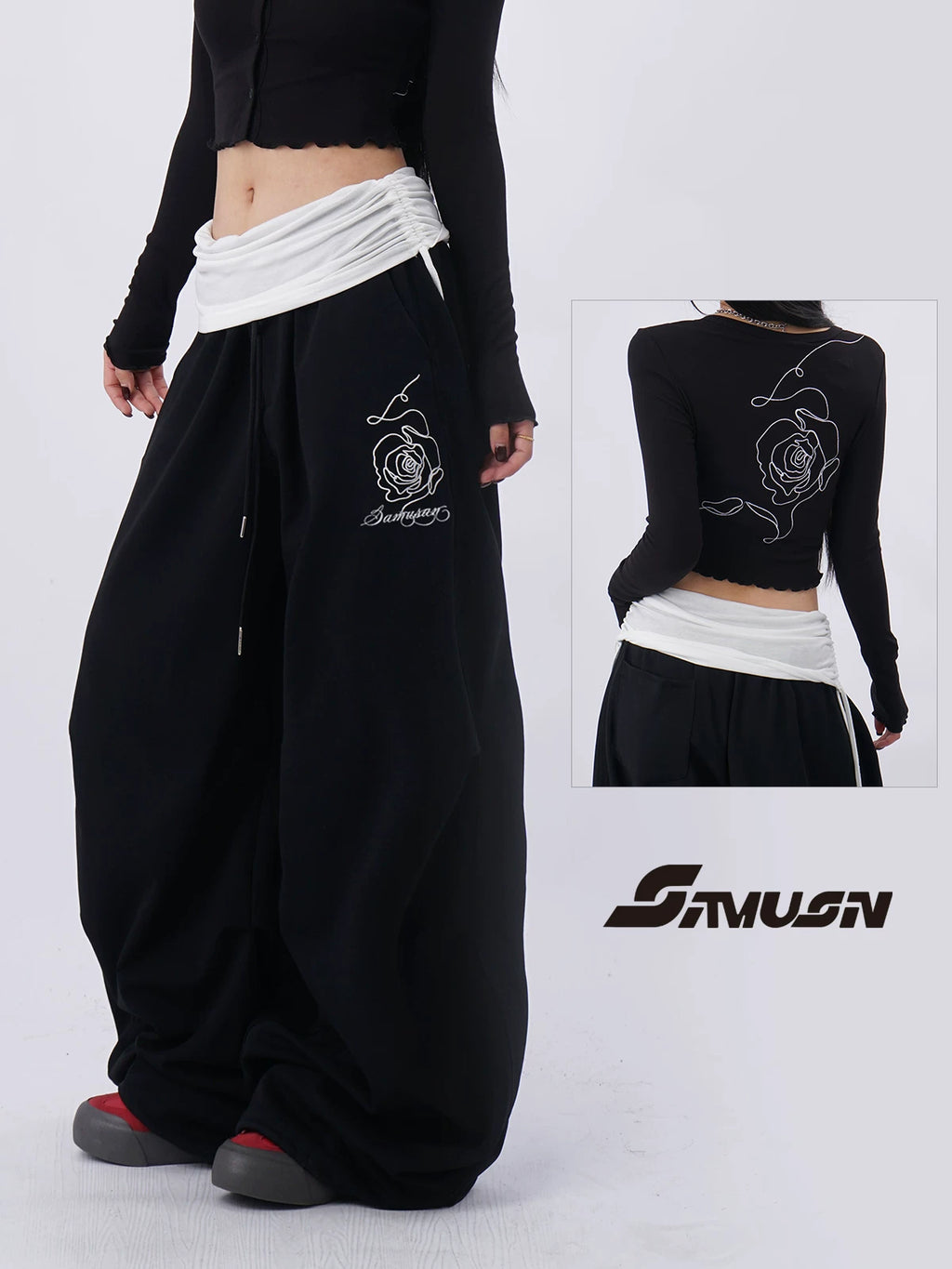 SAMUSAN Casual Rose Embroidered Sports Suit