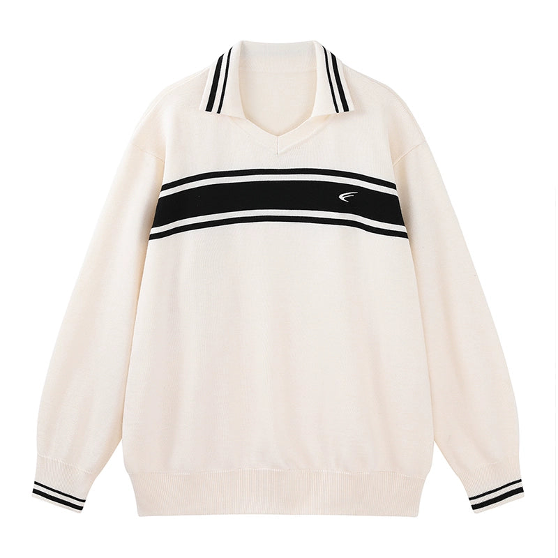MATCHA STORY Striped Contrasting Polo Neck Loose Knitted Sweater