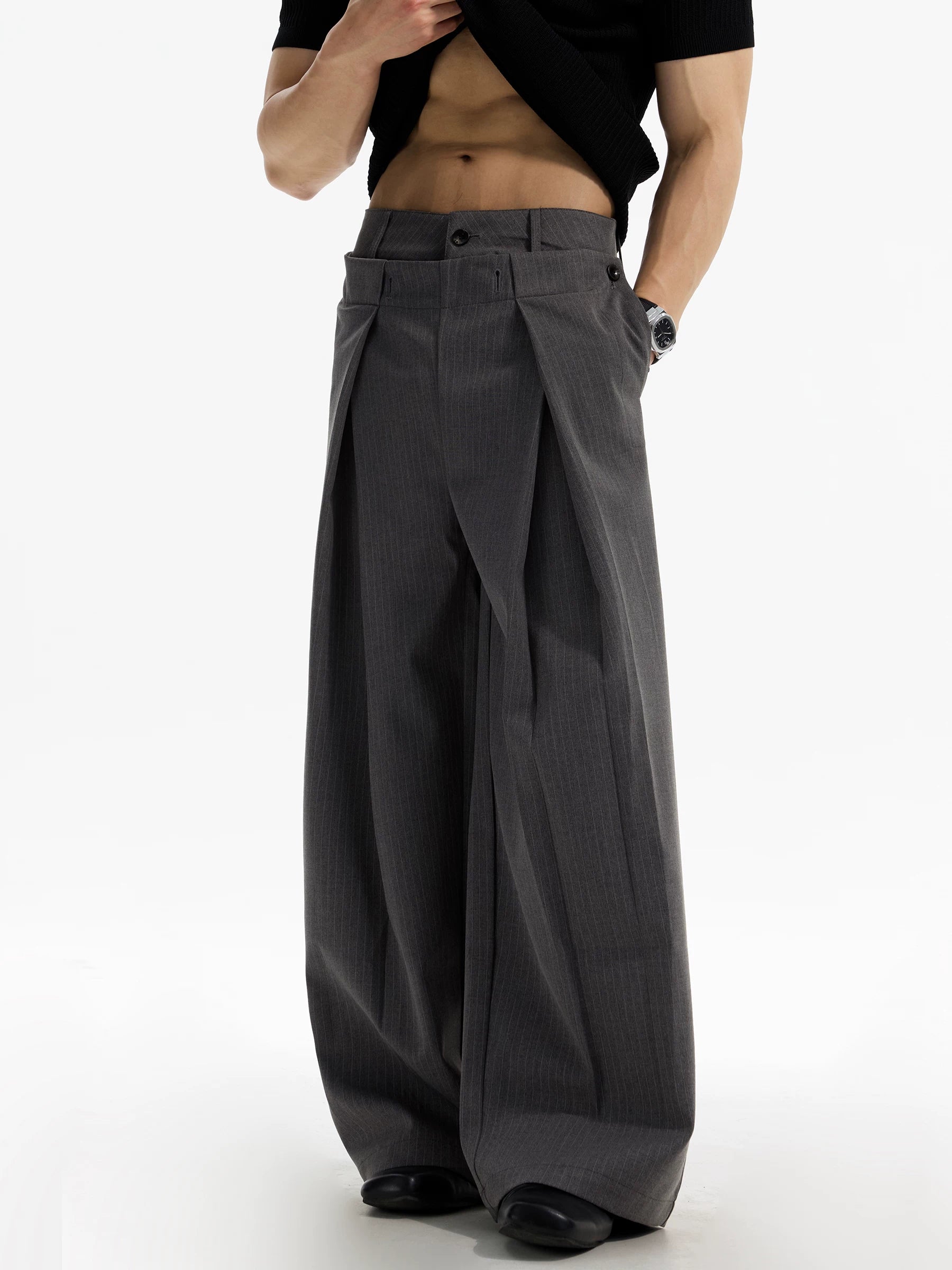 DAY NY Striped Wide-leg Pleated Straight Trousers
