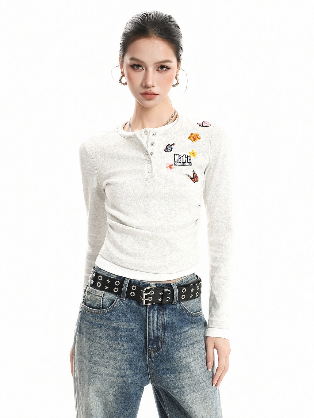 Kenvibe Vintage Alphabet Butterfly Embroidery Fake Two Piece Long Sleeve