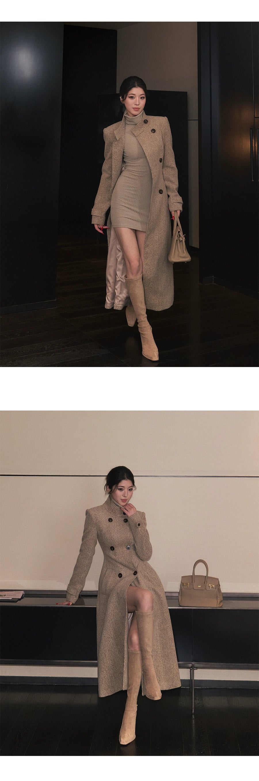 LLROGE Waist Medium and Long Over-knee Temperament Stand-up Collar Woolen Coat