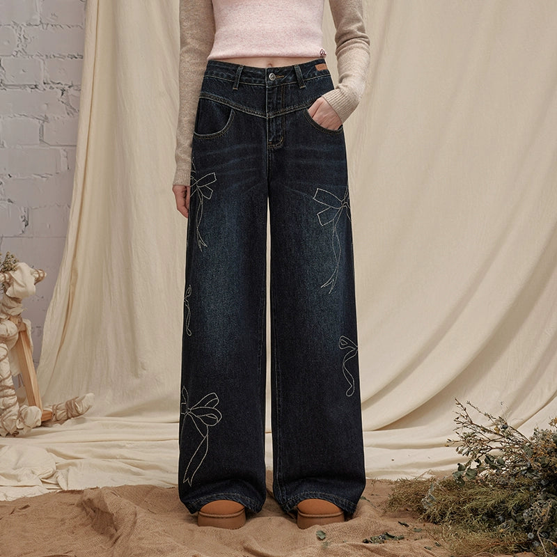 UNIFREE Cat Whisker Loose and Old Straight Jeans with Drill Splicing