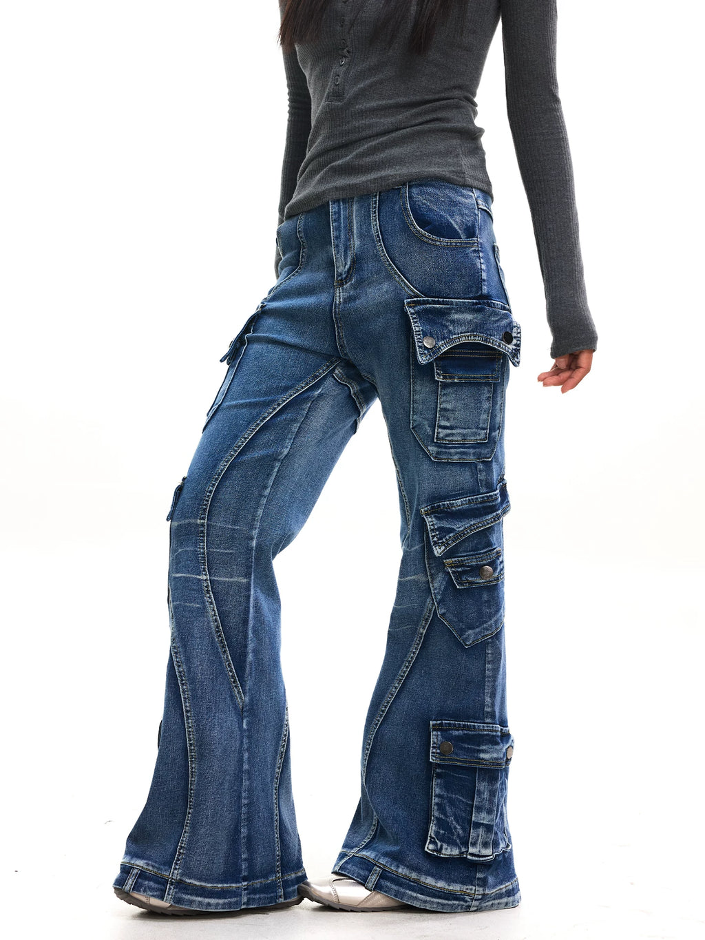 JHYWZD X BLACKLIST Retro Splicing Multi-pocket Micro-elastic Denim Flared Pants