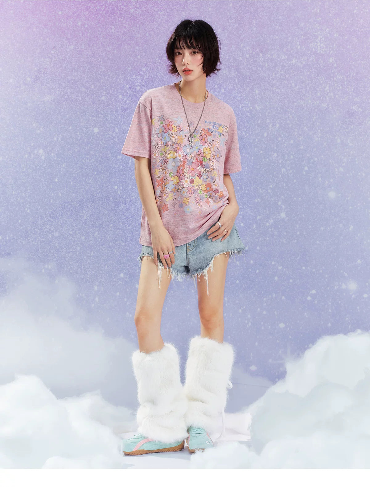 MEDM Flower Print Color Yarn Casual Loose Tee