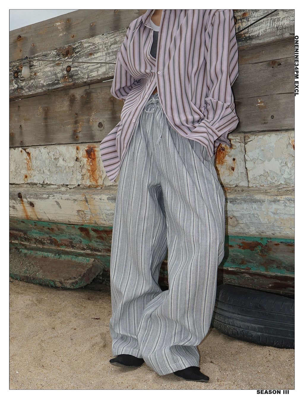 ONENINE34PM Vintage Striped Textured Loose Casual Pants