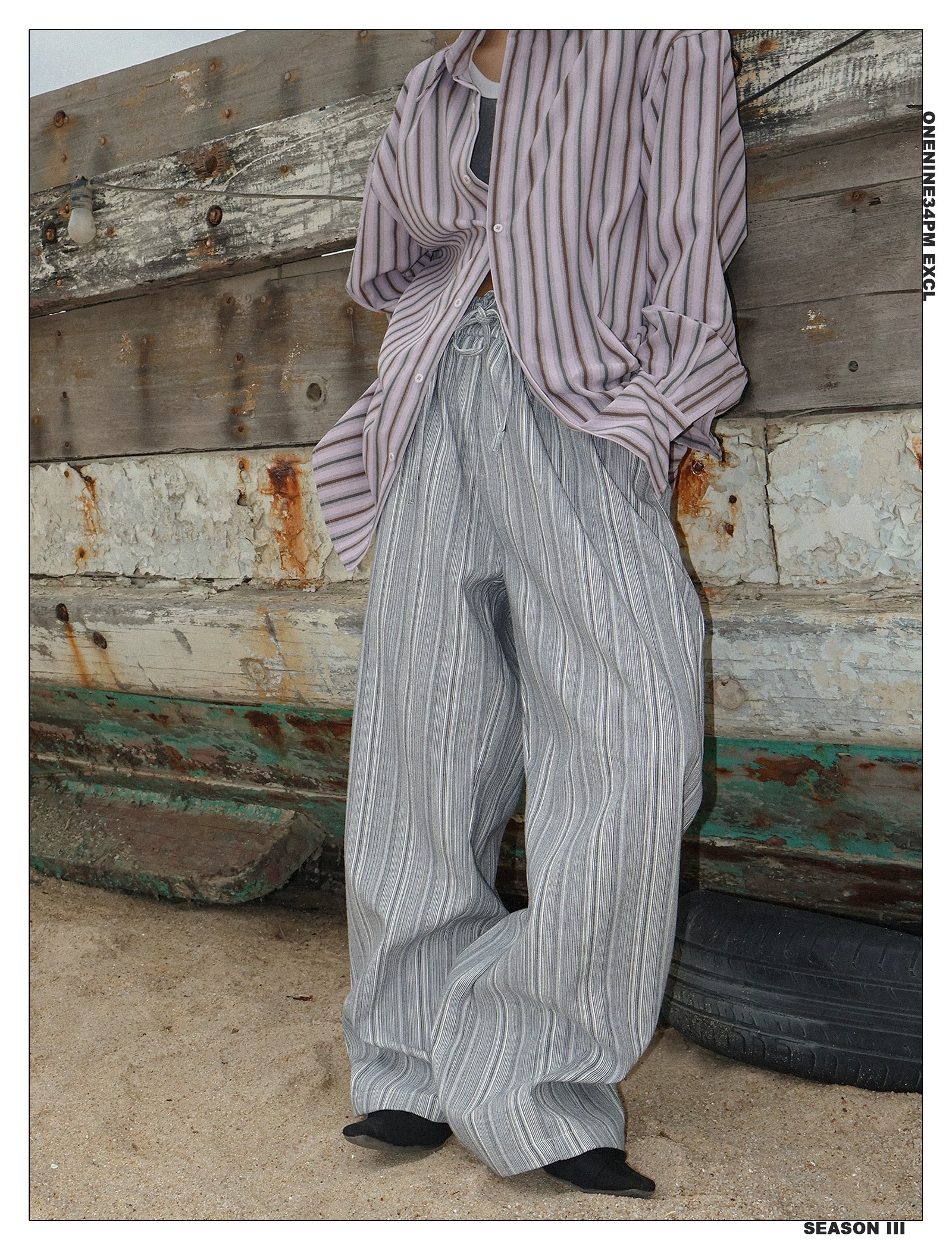 ONENINE34PM Vintage Striped Textured Loose Casual Pants