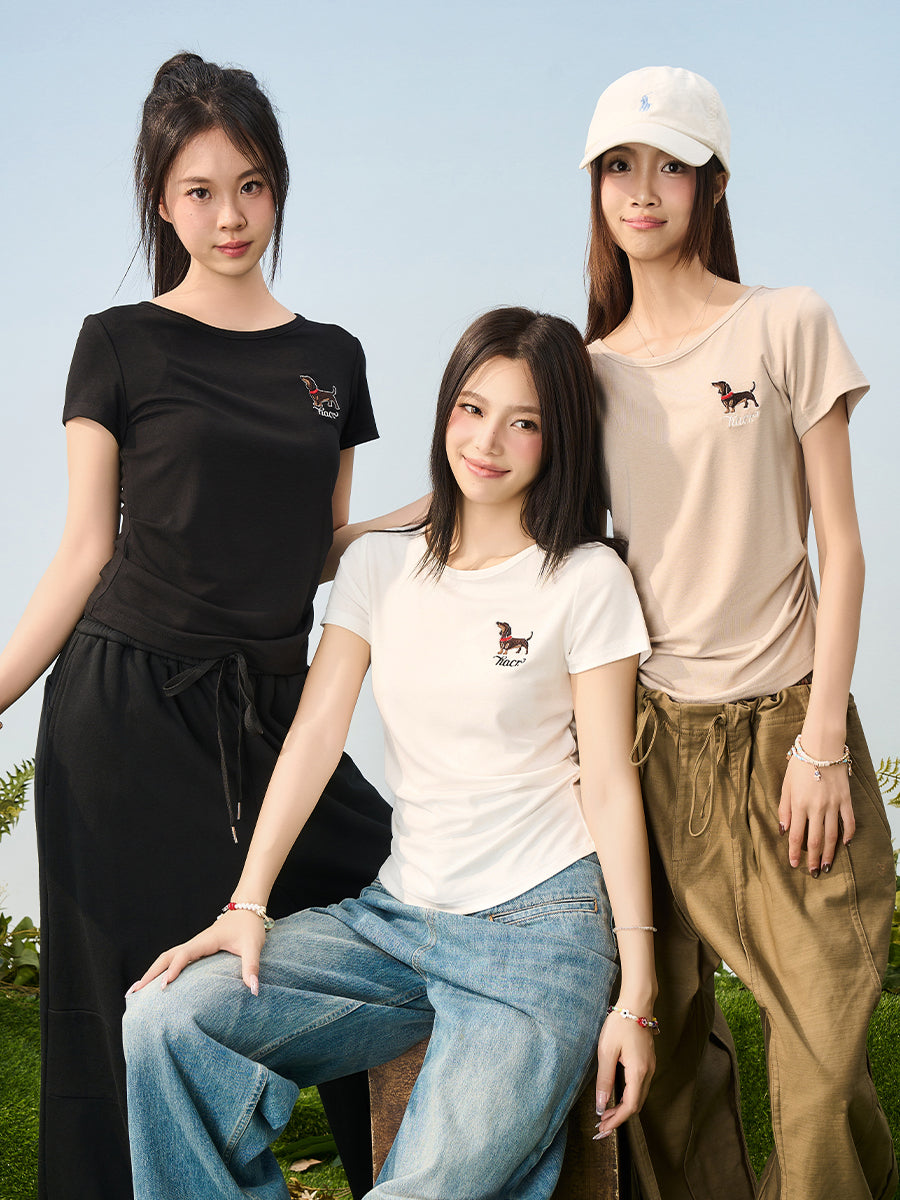 HACR Stretch Knit Embroidered Puppy Front Shoulder Tee