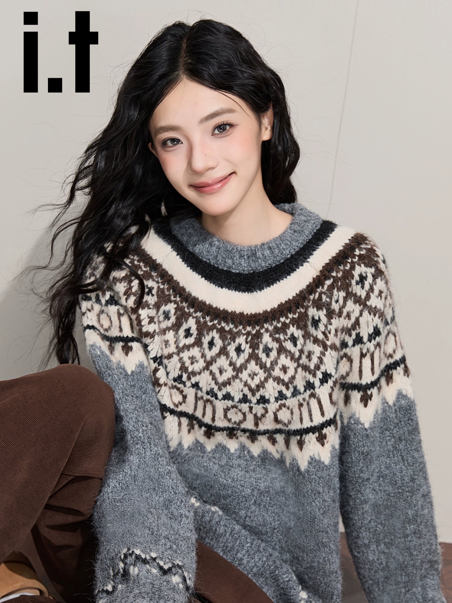 IT: CHOCOOLATE Jacquard Crew Neck Pullover Vintage Loose Wool Knitted Sweater