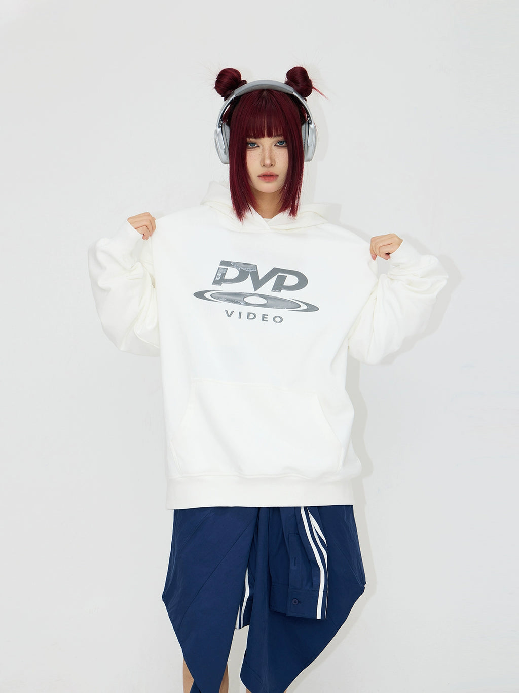 PEOPLESTYLE "DVD" Silicone Print Hidden Zipper Structure Hooded Sweater
