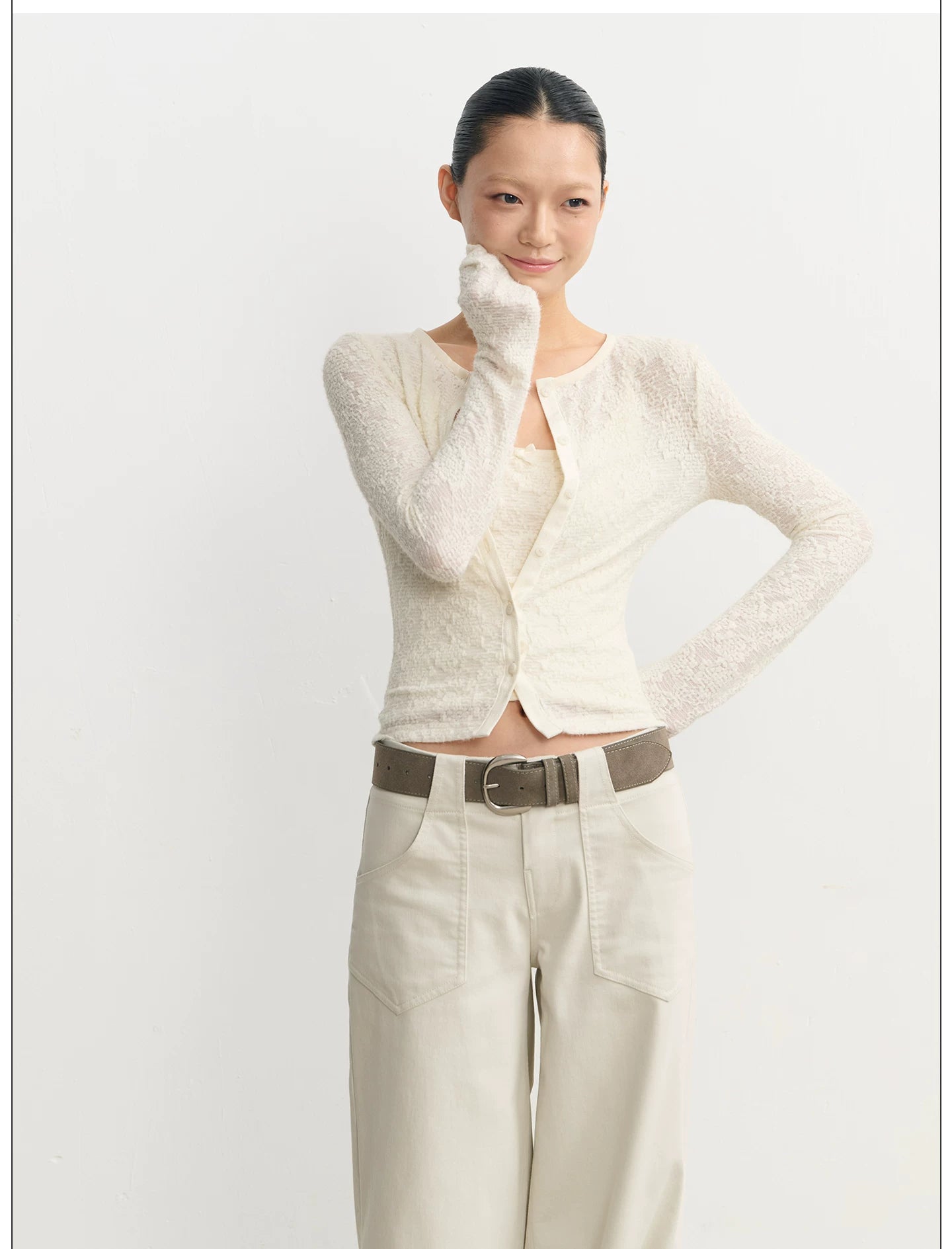 LINY LIBERTY Embossed Jacquard Knitted Suspender Cardigan Set