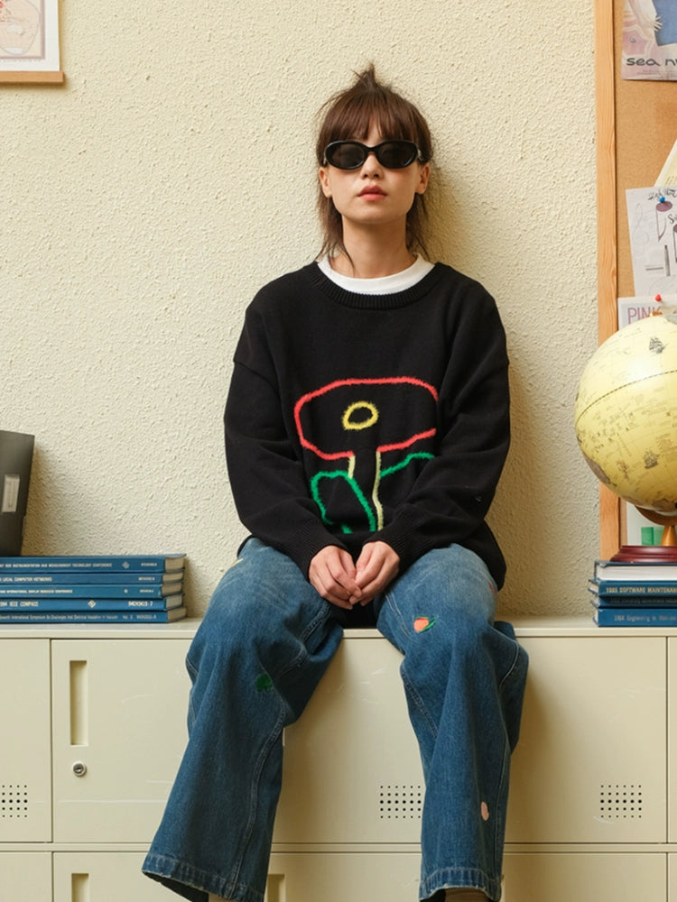 MoodLikeMe Line Flower Crew Neck Pullover