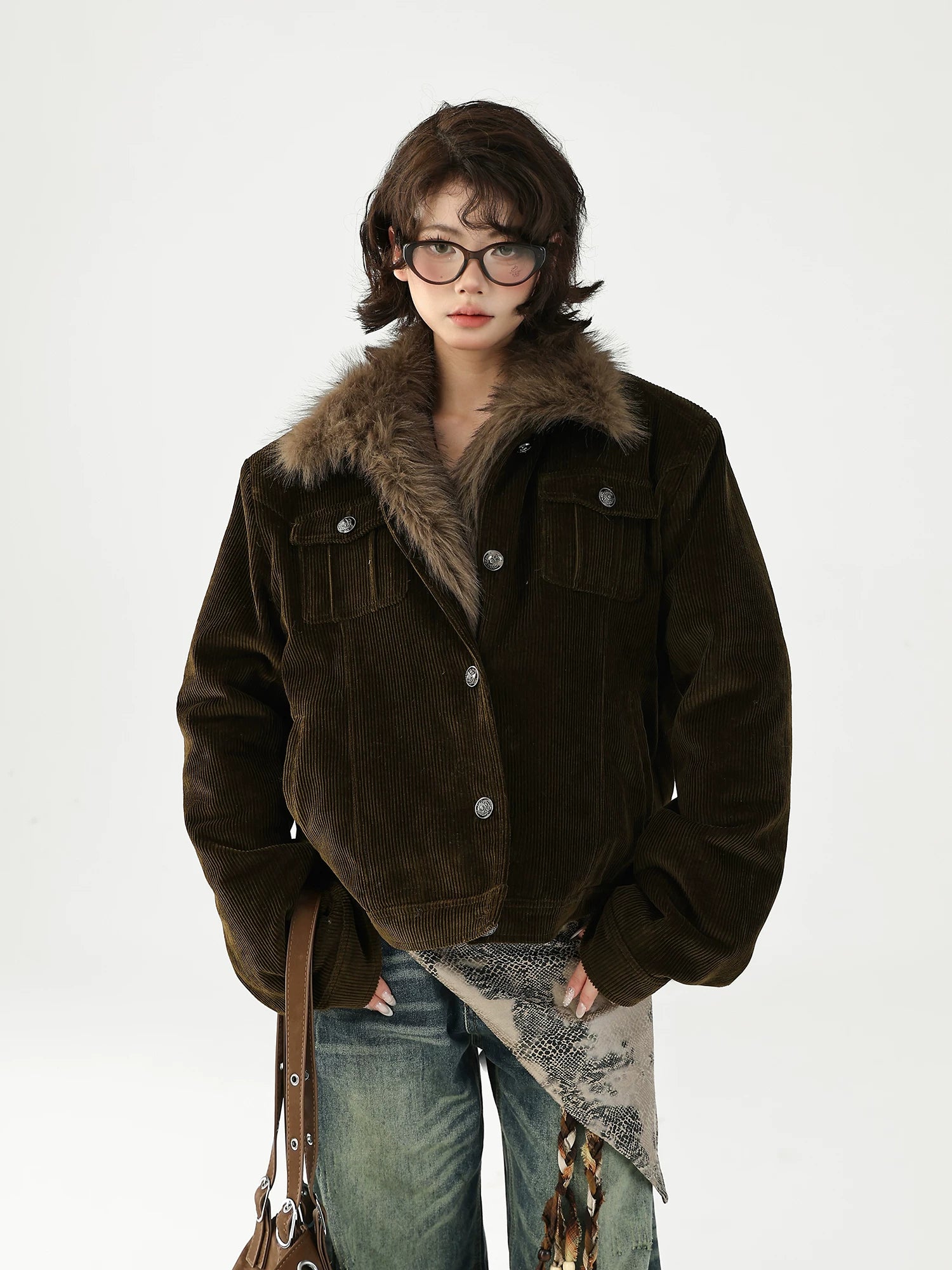 AceStudios Vintage Thickened Padded Short Fur Collar Jacket