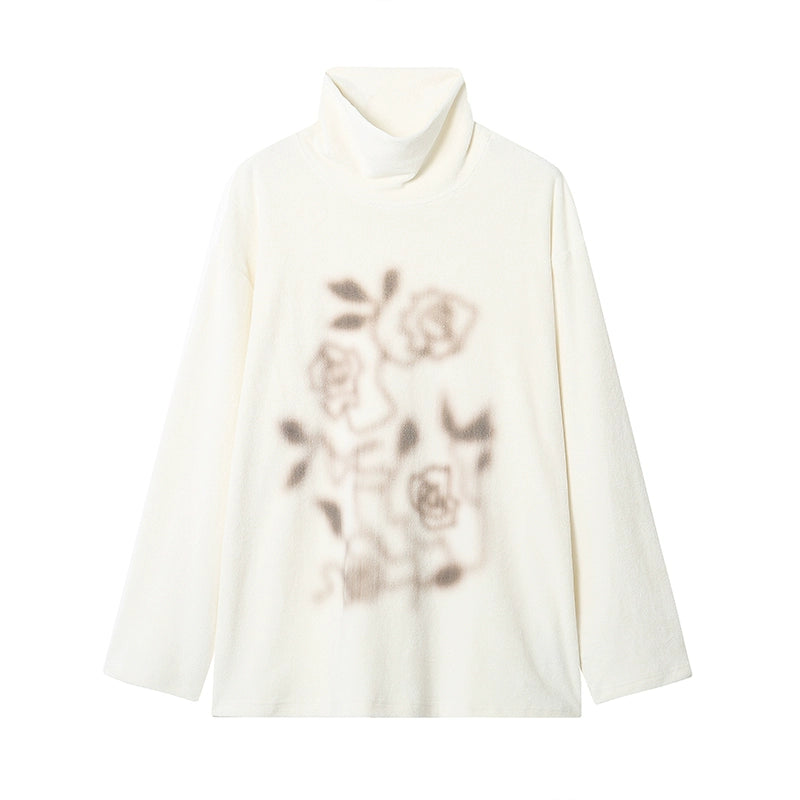 PHYS Semi-turtleneck Loose Versatile Rose Print Long Sleeve