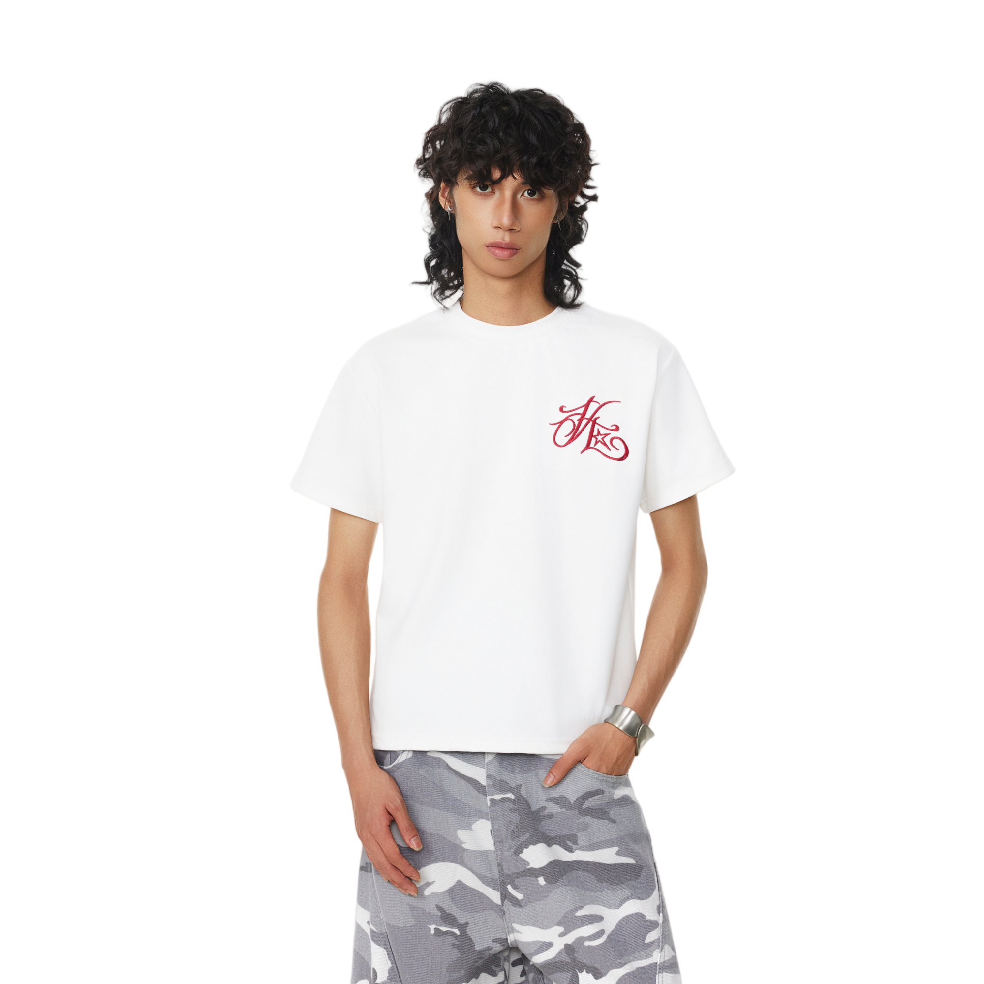 (Clearance) BTSG Vintage Embroidery Alphabet Hip Hop Front Shoulder Short Wide Tee