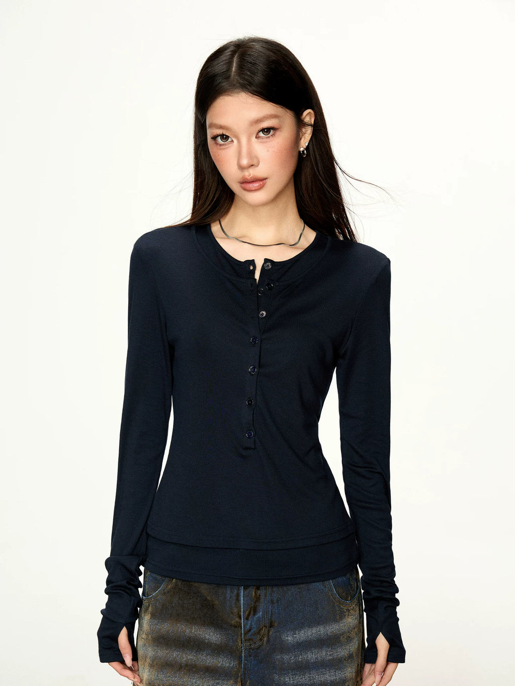 Cherry Melody Henry Shirt Collar Fake Two Long Sleeves