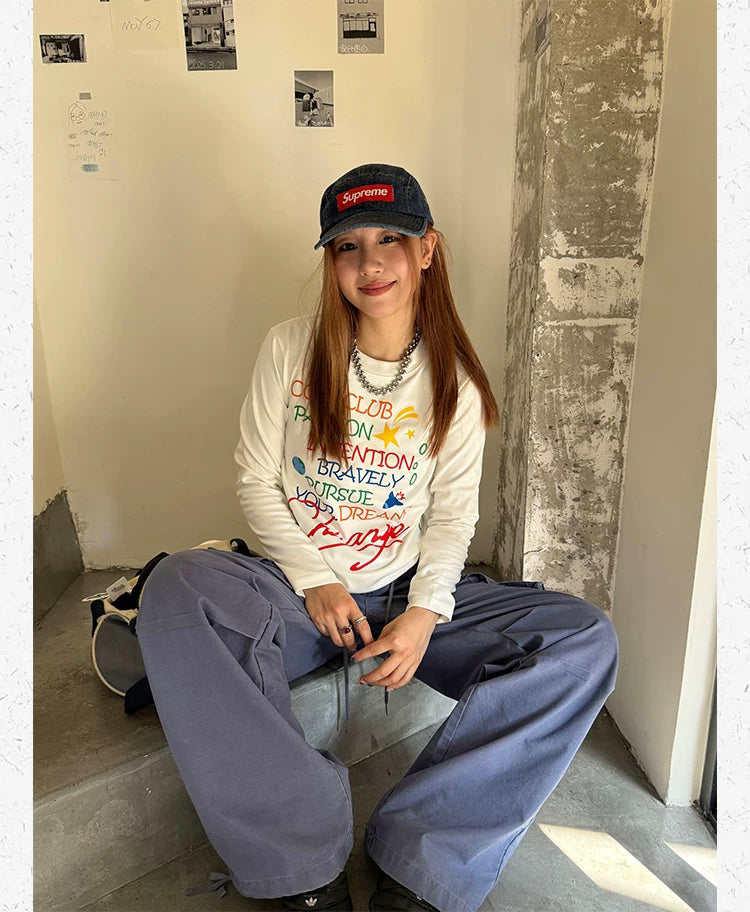 CCYE Letter Print Front Shoulder Crew Neck Long Sleeve