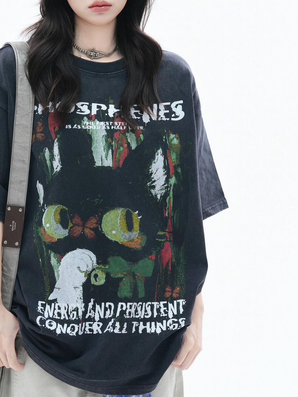 Zuocisankon Oversize Cute Cat Graffiti Print Tee