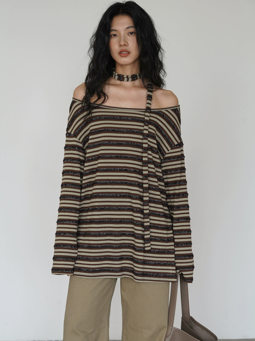 EIGHTHMONTH Striped Off-the-shoulder Streamer Casual Long Sleeve
