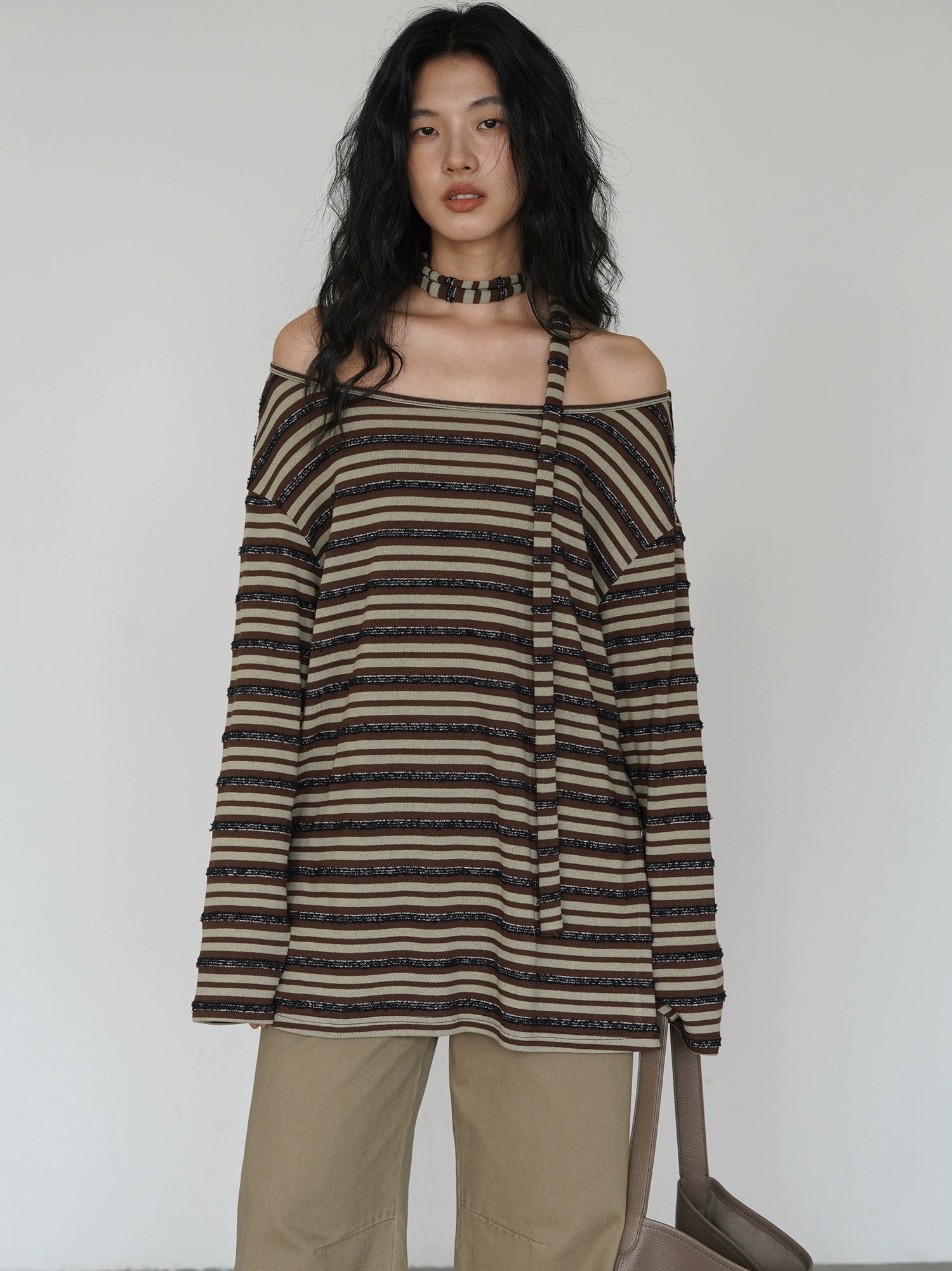 EIGHTHMONTH Striped Off-the-shoulder Streamer Casual Long Sleeve