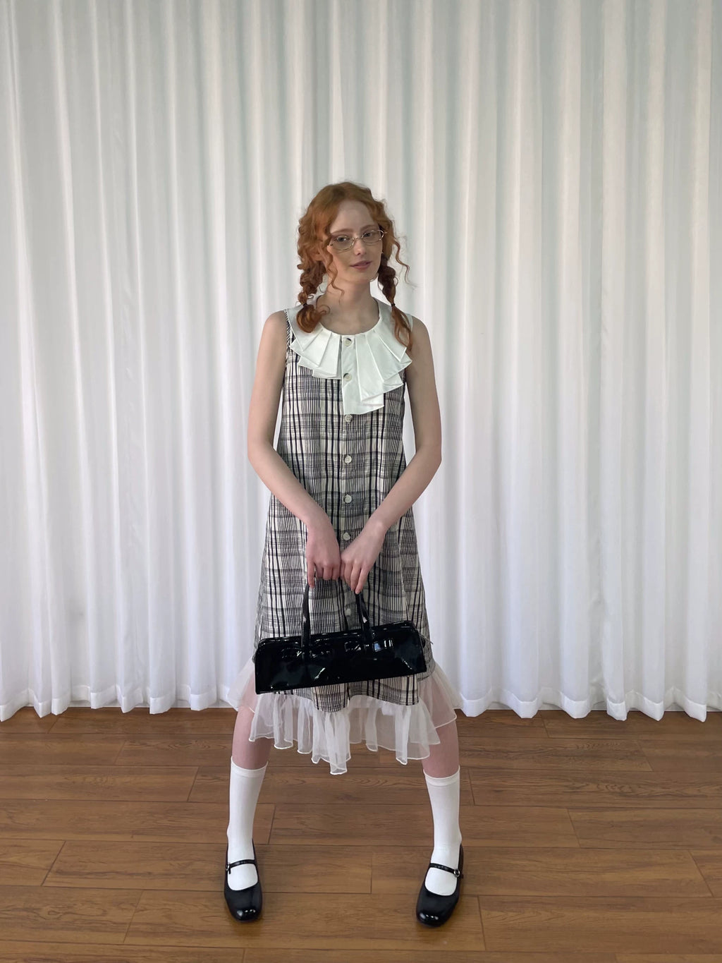 Loosesmell Pleated Neck Plaid Sleeveless Dress