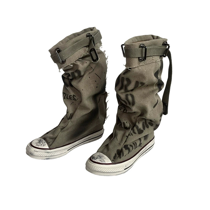 Mooreyu Belt Buckle Graffiti Pants Pile Boots