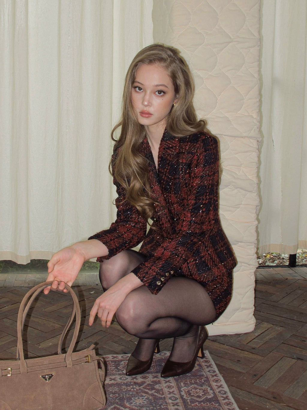 FINDYAWINGS Plaid Tweed Jacket Skirt Set