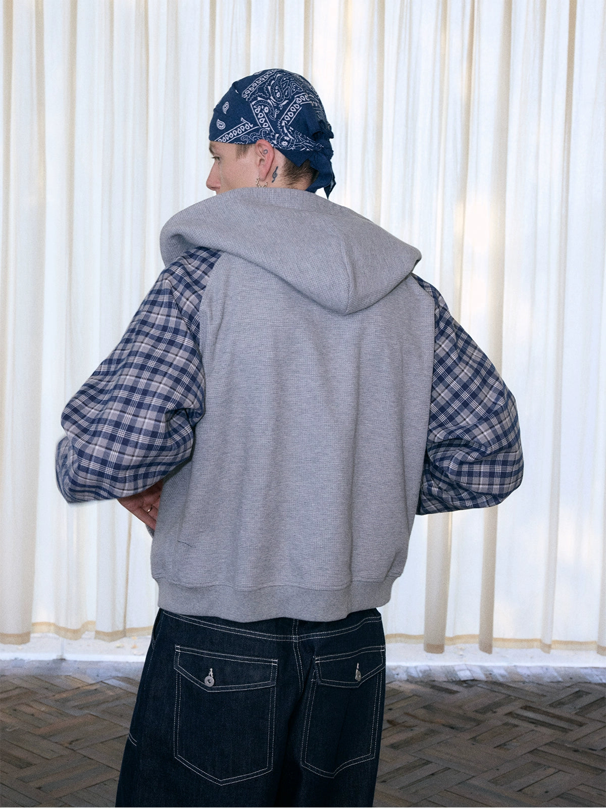 InsGale Contrast Checked Waffle Embroidered Hooded Cardigan Jacket