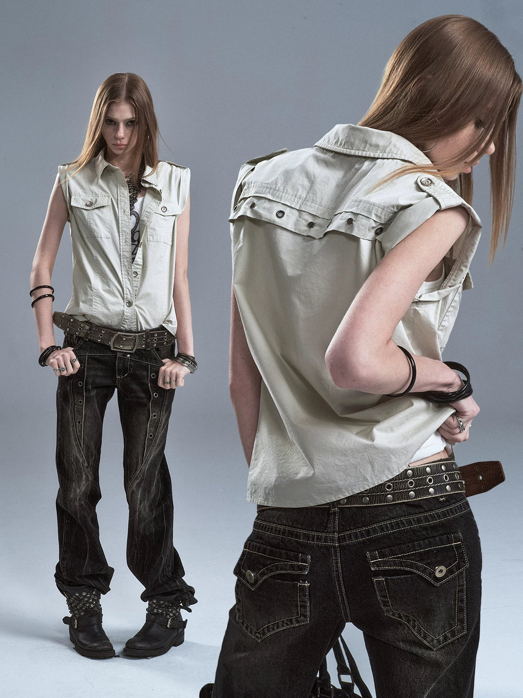 WearAndtear Rivet Metal Button Sleeveless Shirt