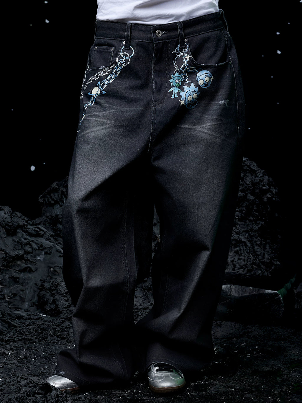 WHOOSIS Metal Pendant Denim Print Slacks