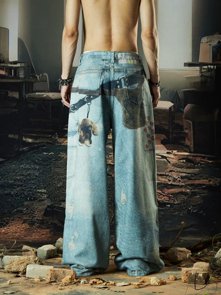 NOMANIAI Love Digital Printing Loose Straight Jeans