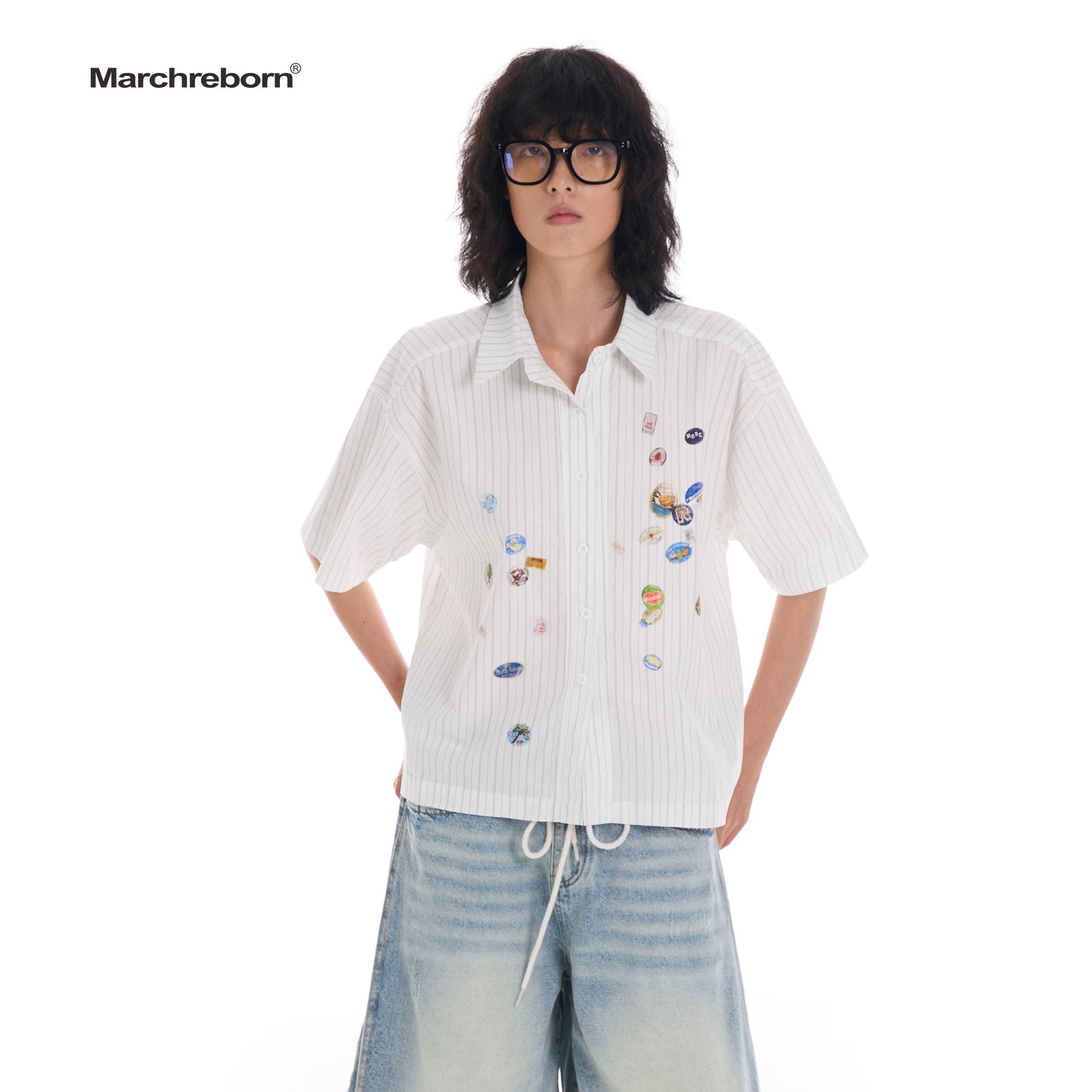 March Easy Sticker Printed Striped Short Sleeve Shirt