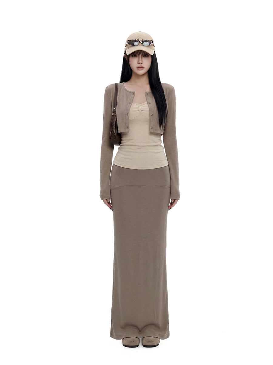 WITHMIN Front Shoulder Long Sleeve Suspender Low Waist Skirt Three-piece Set