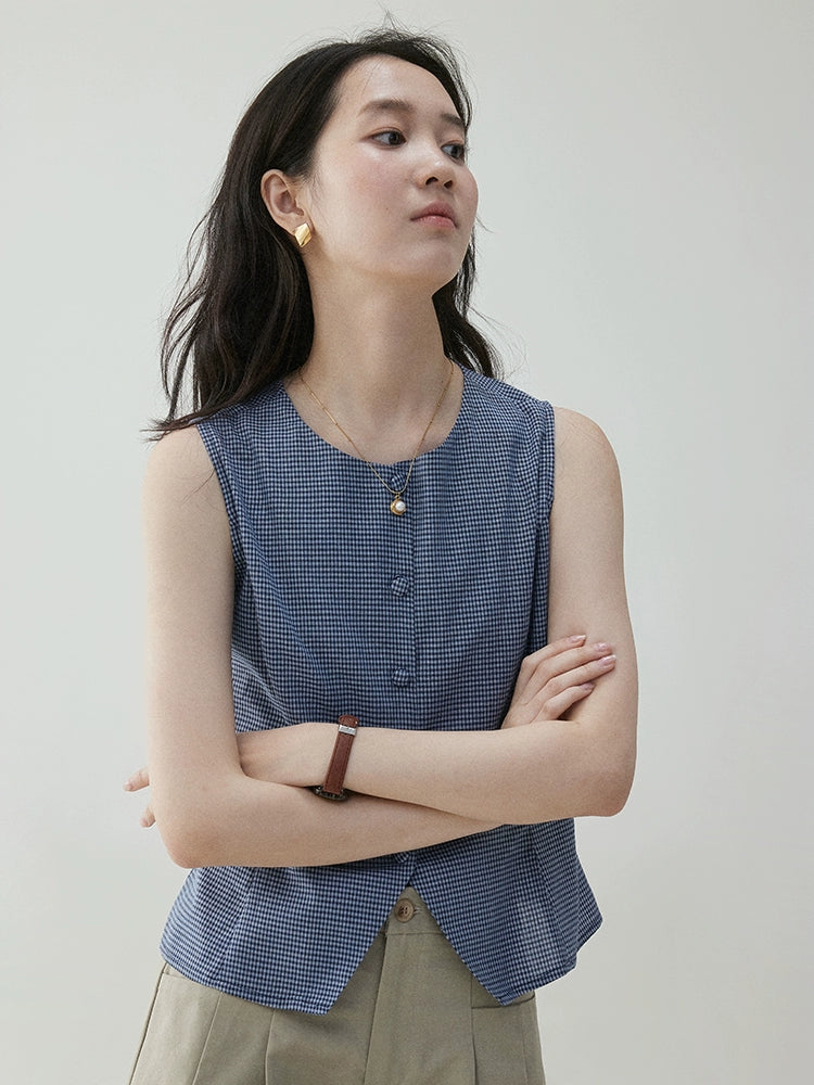 VOOE Contrast Checked Crew Neck Sleeveless Vest