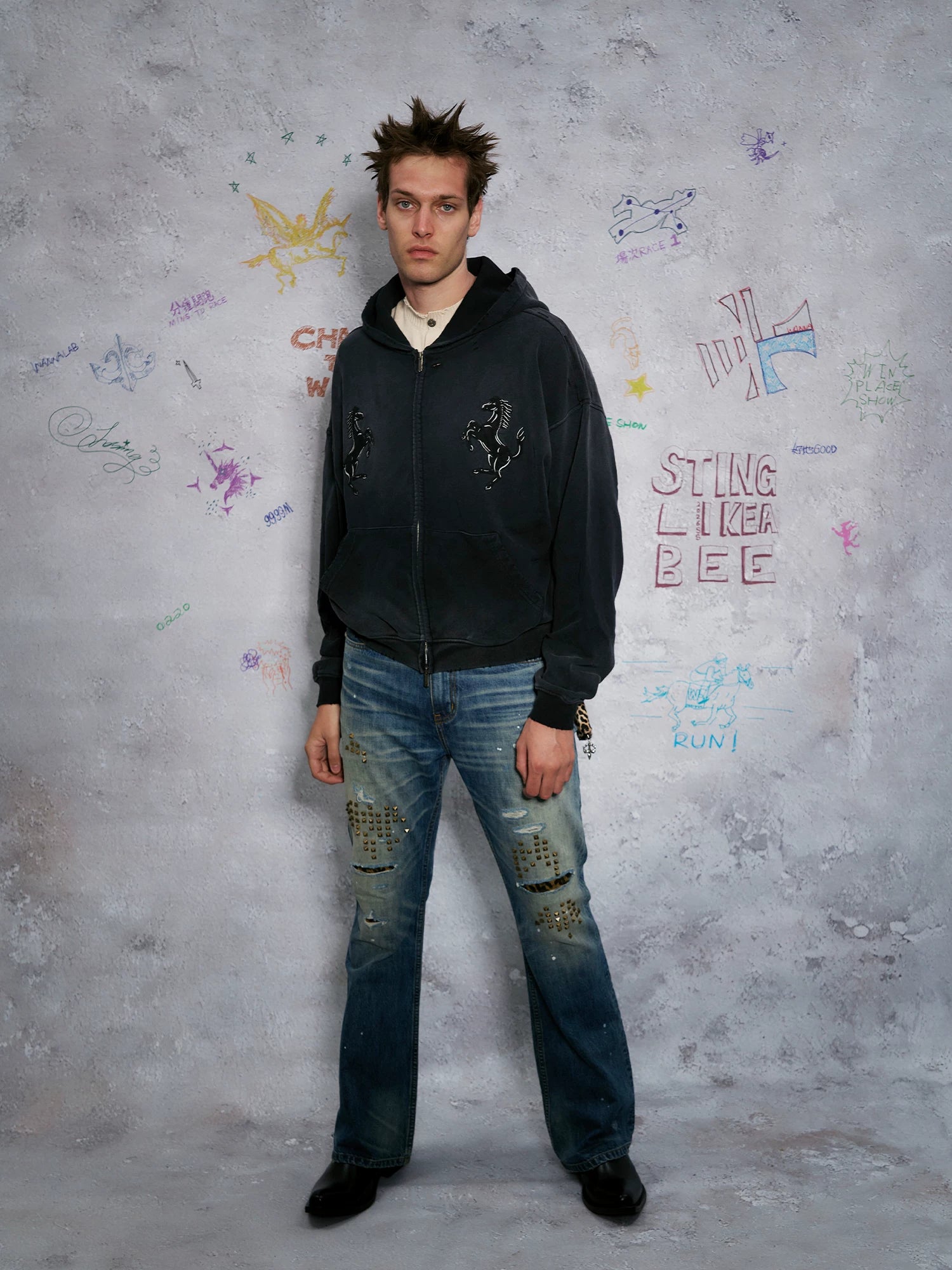 WANNA LAB Cloth-embroidered Zip-up Hooded Sweater