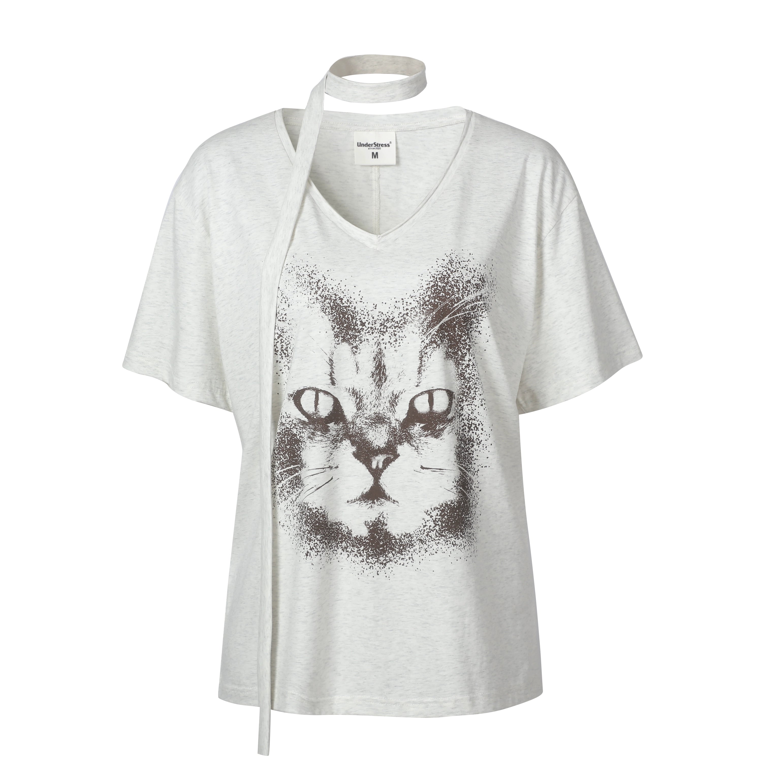 UnderStress Ink Cat Face Print Lazy Wind V Neck Tee