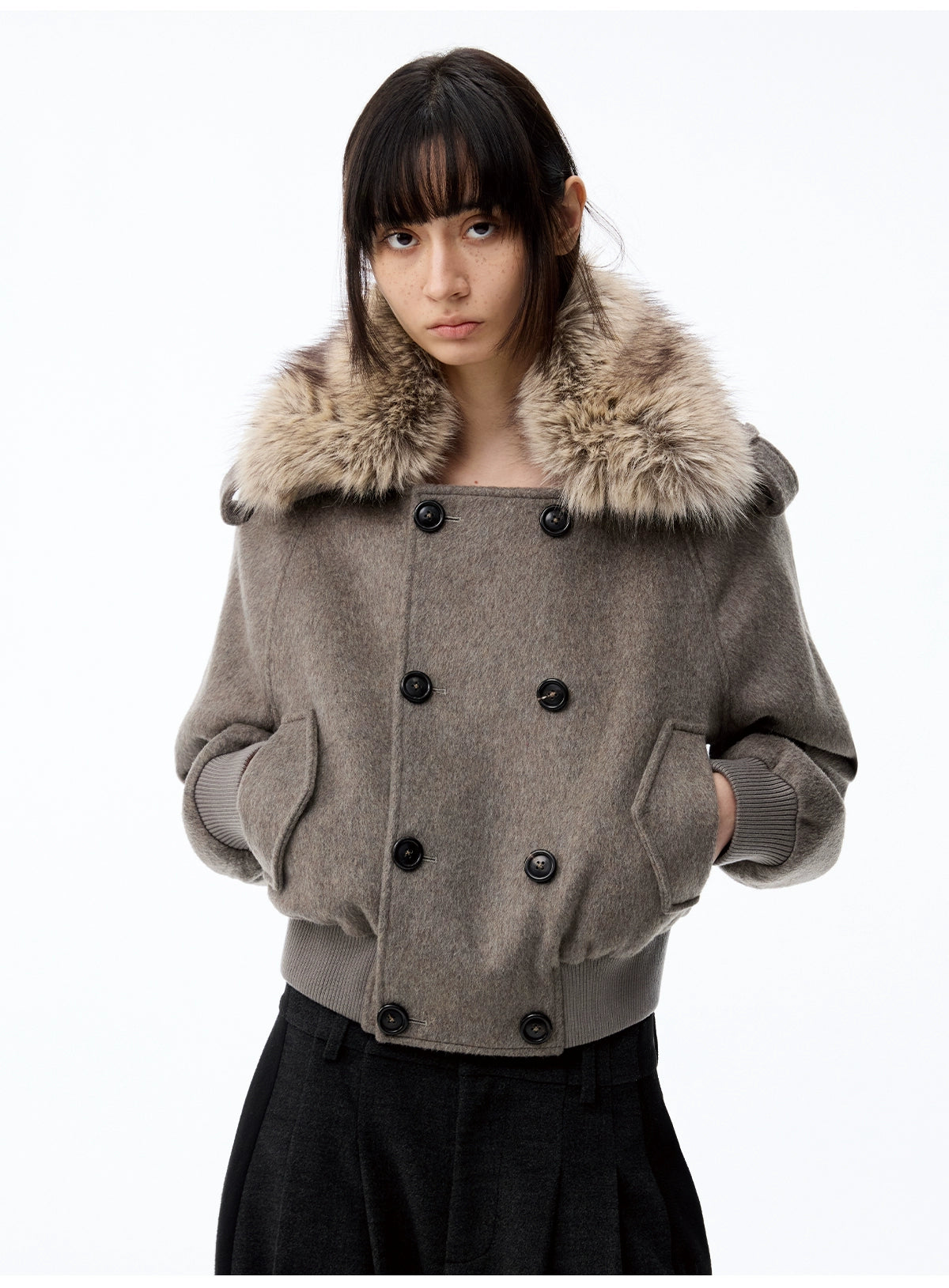 JCAESAR WOMEN Removable Fur Collar Double-breasted Short Woolen Coat