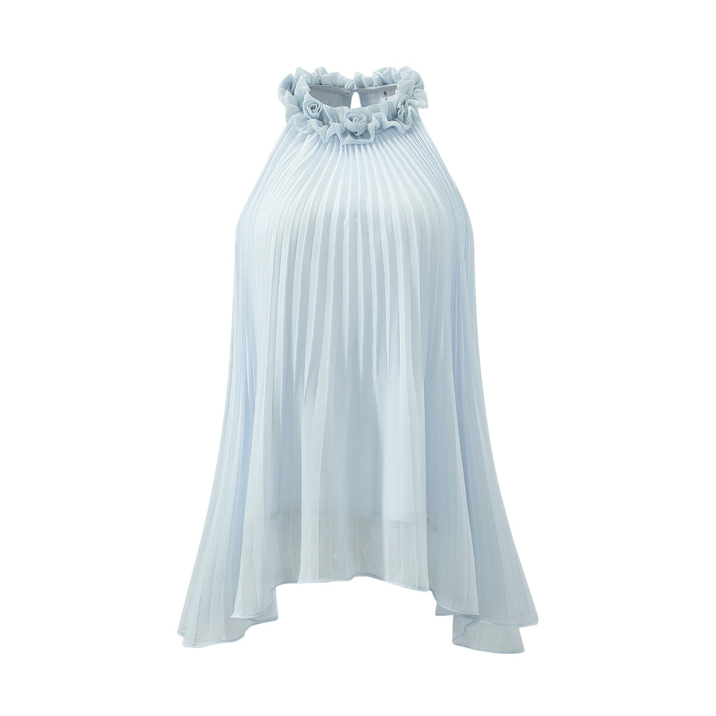 BarbChill Pleated Chiffon Neck Top Long Skirt Set