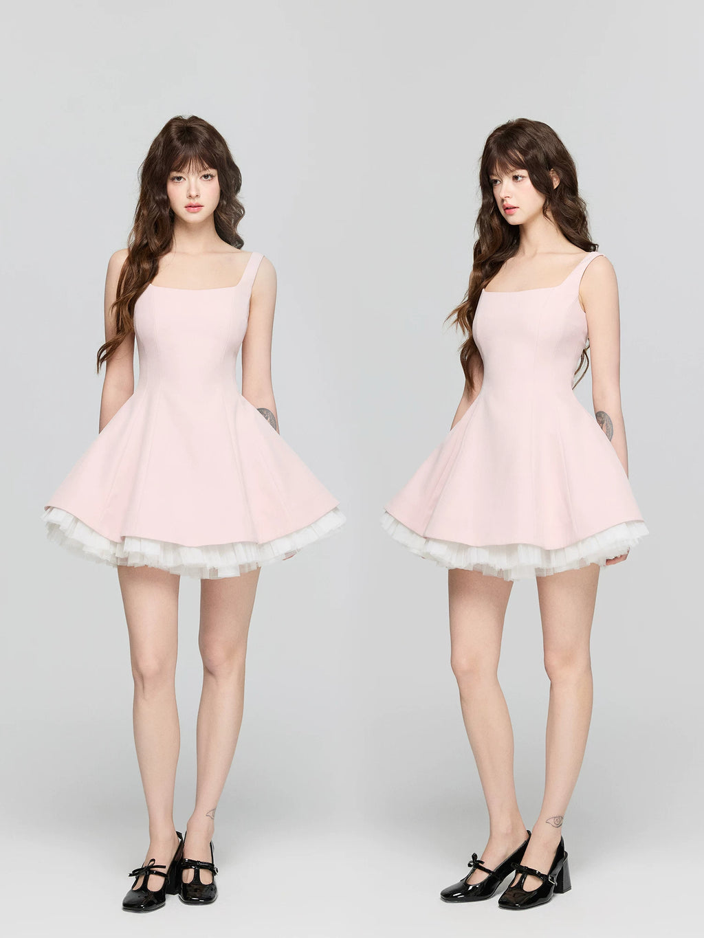 Avenement Square Neck Stitching Mesh Sleeveless Dress