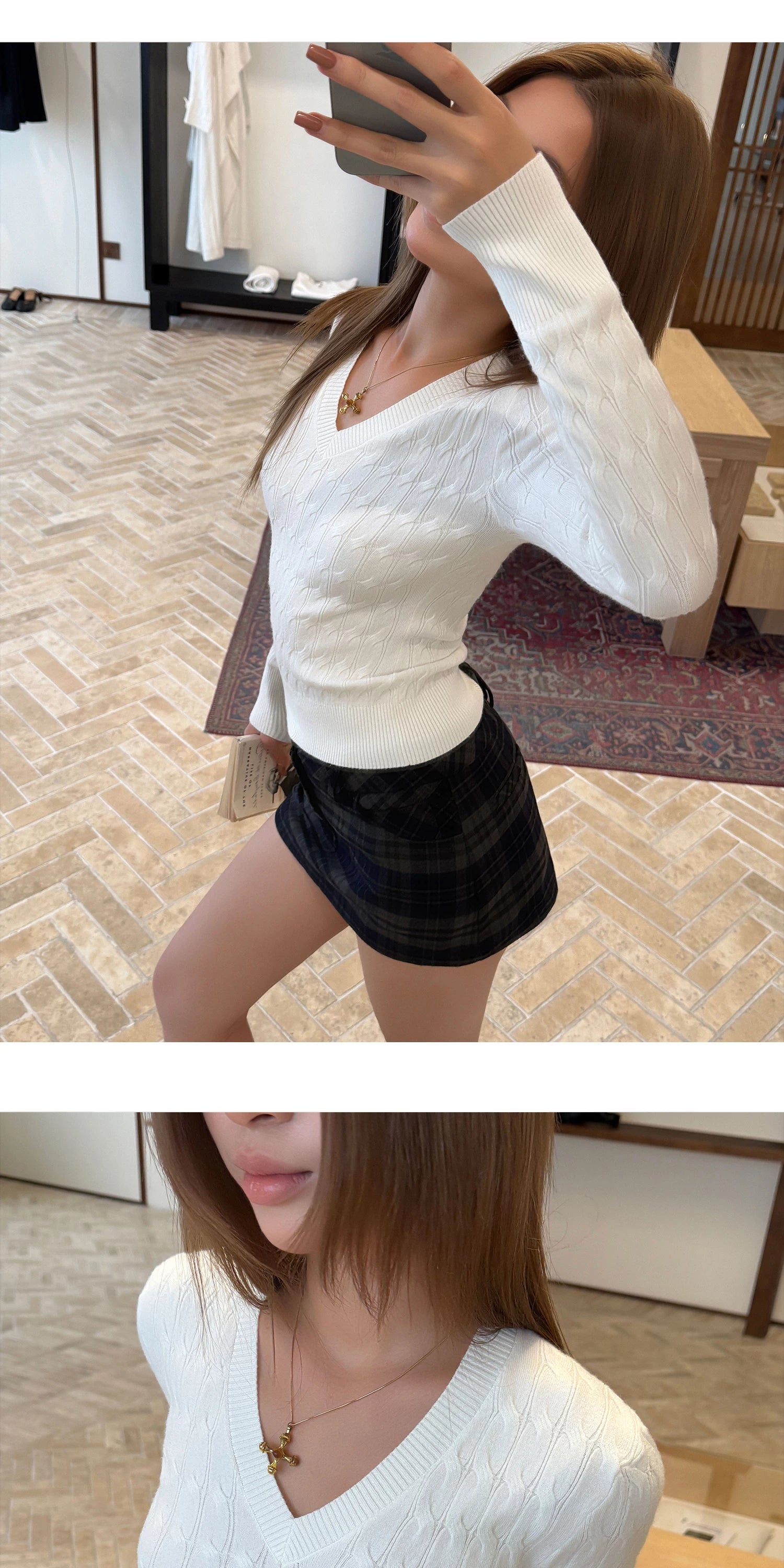 Audwyn V-neck Twisted Knitted Slim-fitting Sweater