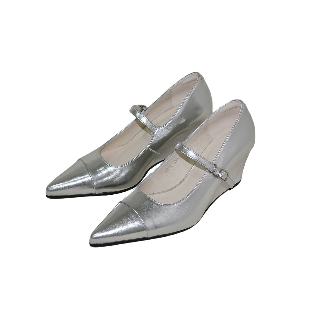 Mooreyu Wedge Heel Shallow Mouth One-word Buckle Mary Jane Shoes