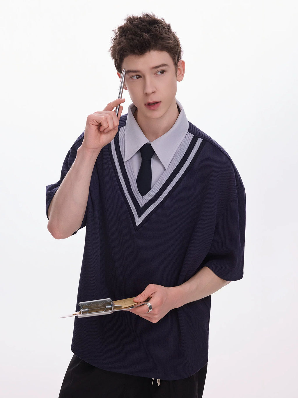 CHOR Contrasting Color Collar Fake Two-piece Tee
