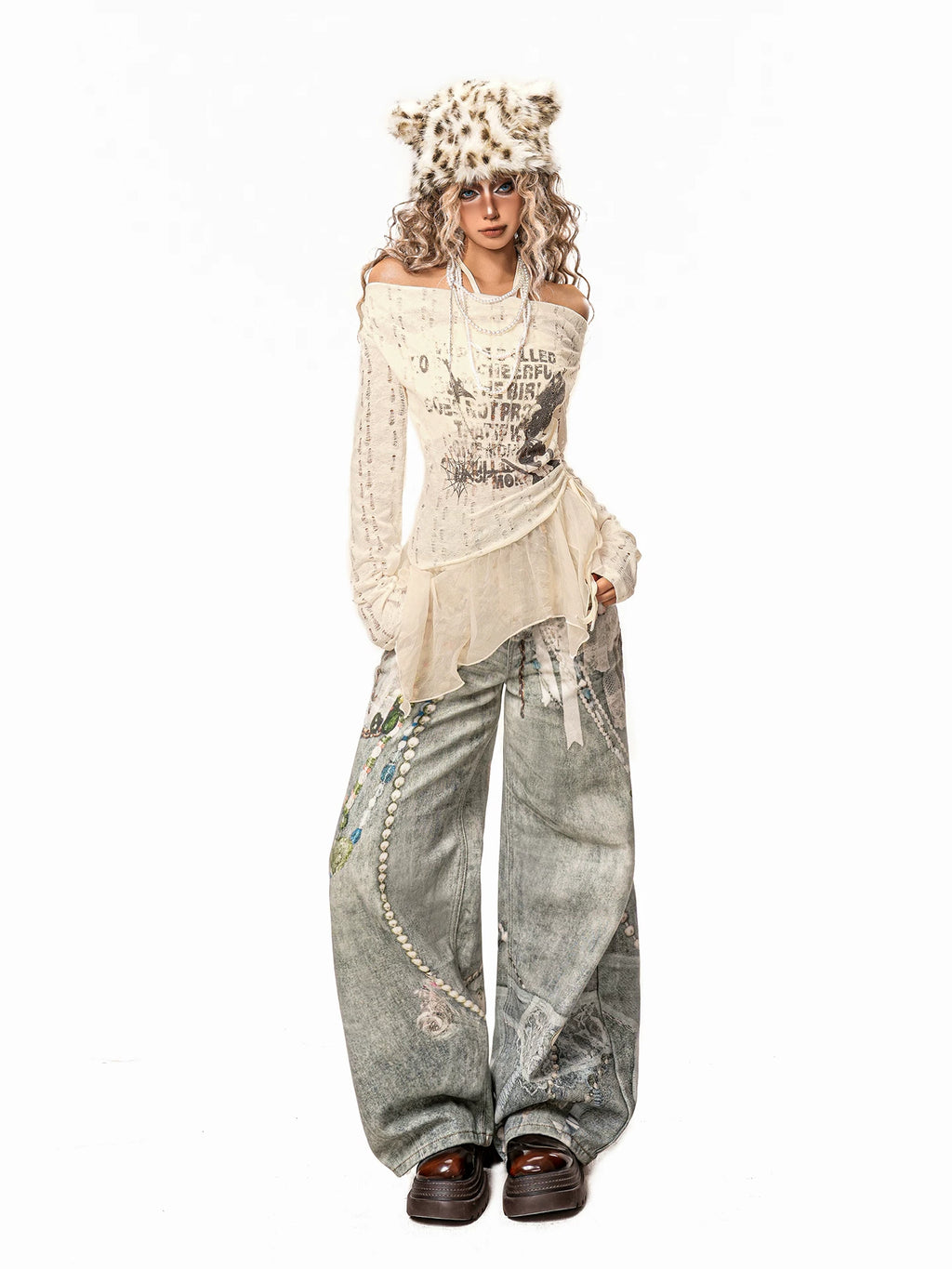 Arielink Retro Mesh Hem One-word Shoulder Graffiti Long Sleeve