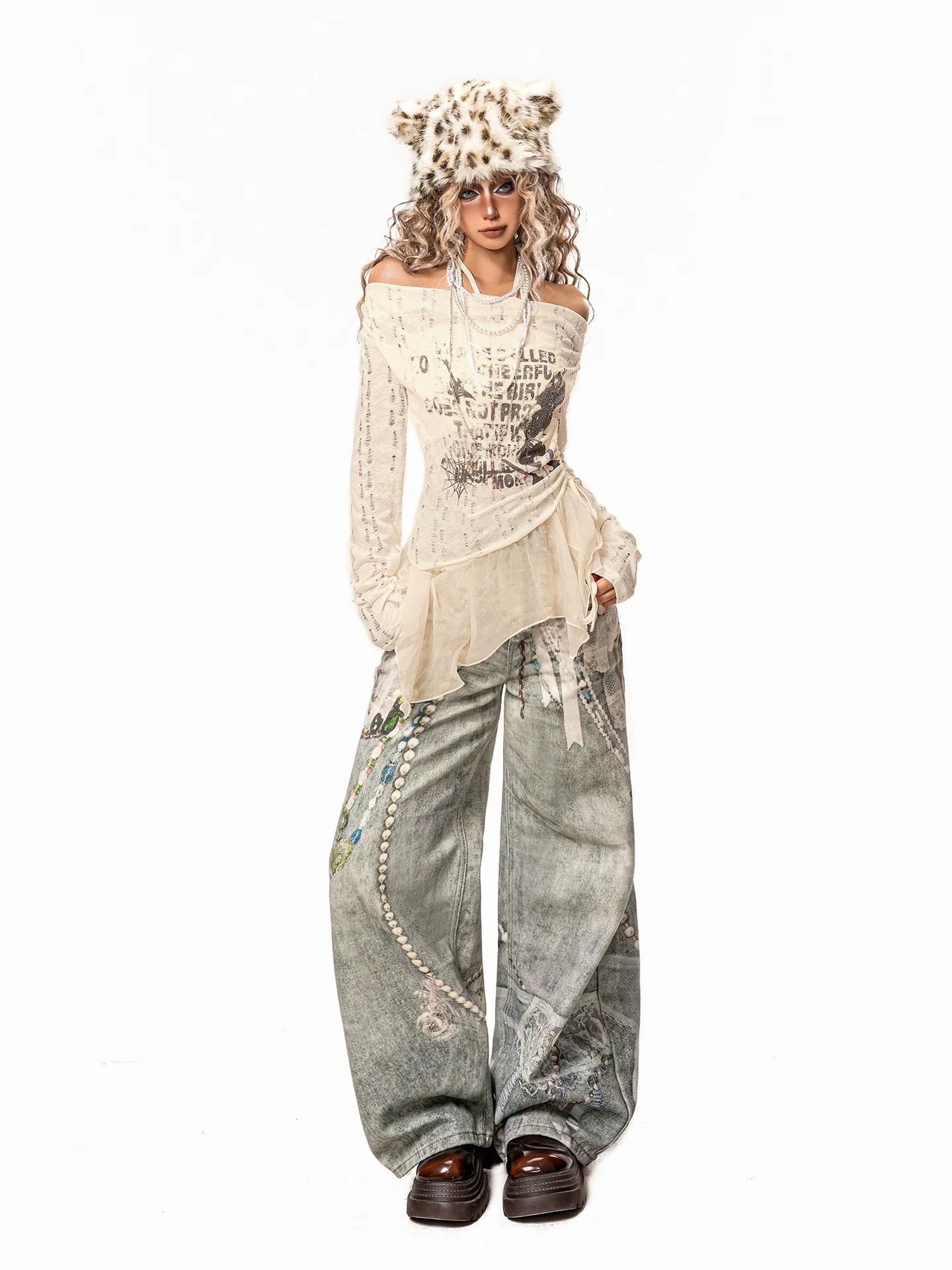 Arielink Retro Mesh Hem One-word Shoulder Graffiti Long Sleeve